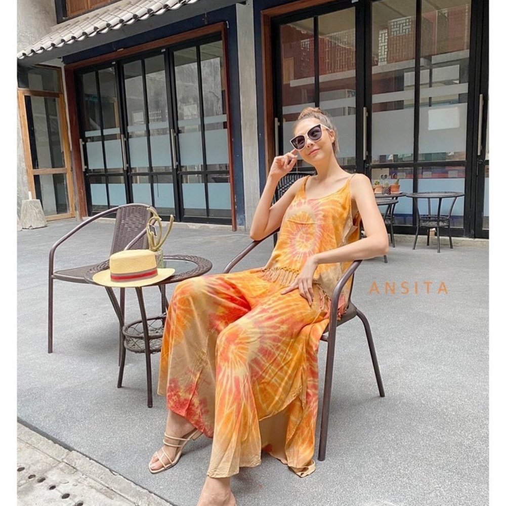 (AA2) NEW Women's Tie-Dyed Tank Top and Harem Pants - Orange/Brown